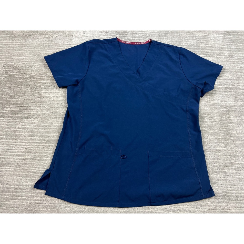 Divine Stretch Scrub Top Womens Large Blue VW-5261NVY Mock Wrap V-Neck Stretch